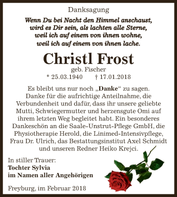 Traueranzeige von Christl Frost von WVG - Wochenspiegel NMB / WSF / ZTZ