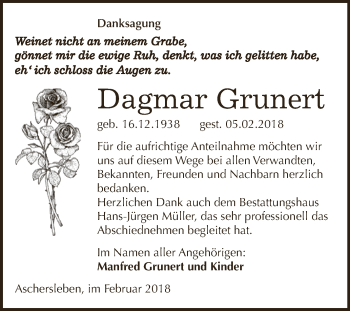 Traueranzeige von Dagmar Grunert von Super Sonntag Aschersleben