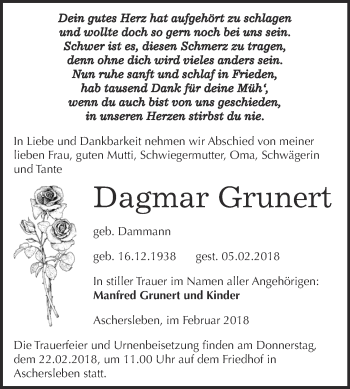 Traueranzeige von Dagmar Grunert von Super Sonntag Aschersleben