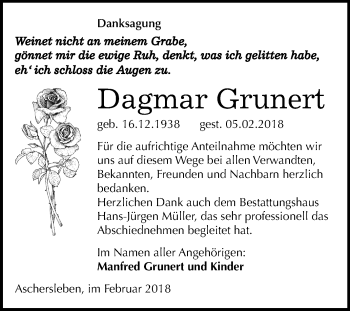 Traueranzeige von Dagmar Grunert von Mitteldeutsche Zeitung Aschersleben