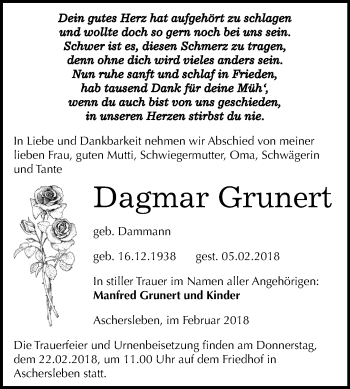 Traueranzeige von Dagmar Grunert von Mitteldeutsche Zeitung Aschersleben