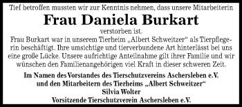 Traueranzeige von Daniela Burkart von Mitteldeutsche Zeitung