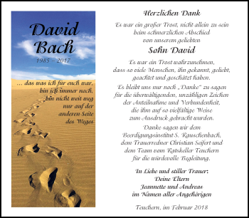 Traueranzeige von David Bach von WVG - Wochenspiegel NMB / WSF / ZTZ
