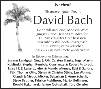 Traueranzeige von David Bach von WVG - Wochenspiegel NMB / WSF / ZTZ