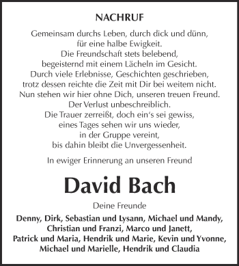 Traueranzeige von David Bach von WVG - Wochenspiegel NMB / WSF / ZTZ