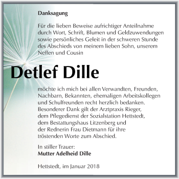 Traueranzeige von Detlef Dille von Super Sonntag SGH Mansf. Land
