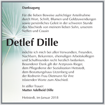 Traueranzeige von Detlef Dille von Mitteldeutsche Zeitung