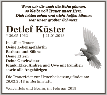 Traueranzeige von Detlef Küster von WVG - Wochenspiegel NMB / WSF / ZTZ