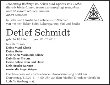 Traueranzeige von Detlef Schmidt von Super Sonntag Wittenberg