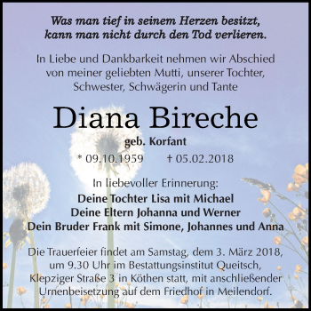 Traueranzeige von Diana Bireche von WVG - Wochenspiegel Dessau / Köthen