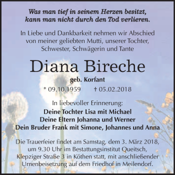 Traueranzeige von Diana Bireche von WVG - Wochenspiegel Bitterfeld