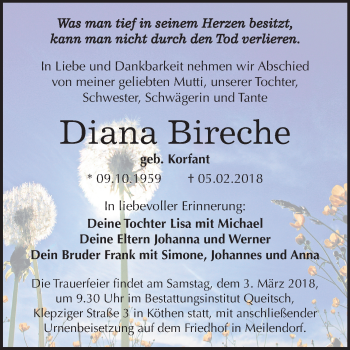 Traueranzeige von Diana Bireche von Mitteldeutsche Zeitung Köthen