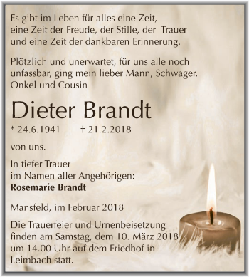 Traueranzeige von Dieter Brandt von Wochenspiegel Mansfelder Land