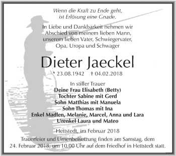 Traueranzeige von Dieter Jaeckel von Wochenspiegel Mansfelder Land