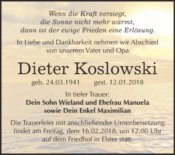Traueranzeige von Dieter Koslowski von WVG - Wochenspiegel Wittenberg
