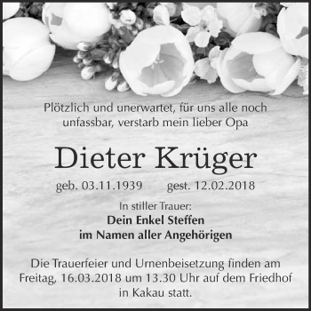 Traueranzeige von Dieter Krüger von Super Sonntag Wittenberg