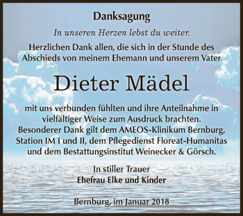 Traueranzeige von Dieter Mädel von Super Sonntag Bernburg