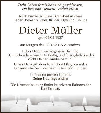 Traueranzeige von Dieter Müller von WVG - Wochenspiegel NMB / WSF / ZTZ