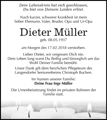 Traueranzeige von Dieter Müller von Mitteldeutsche Zeitung Weißenfels