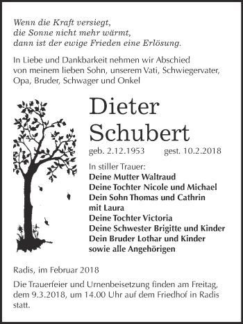 Traueranzeige von Dieter Schubert von WVG - Wochenspiegel Wittenberg