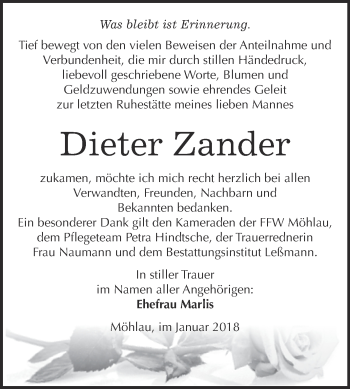 Traueranzeige von Dieter Zander von WVG - Wochenspiegel Wittenberg