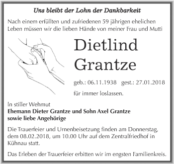 Traueranzeige von Dietlind Grantze von WVG - Wochenspiegel Dessau / Köthen