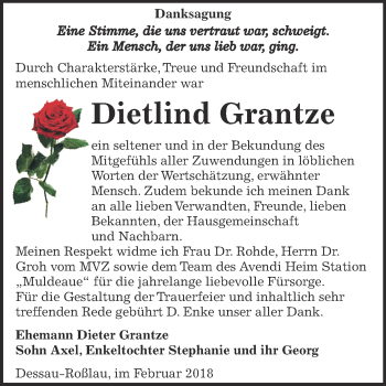 Traueranzeige von Dietlind Grantze von WVG - Wochenspiegel Dessau / Köthen