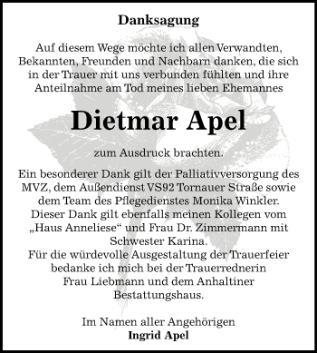 Traueranzeige von Dietmar Apel von Mitteldeutsche Zeitung Dessau-Roßlau