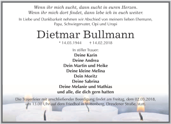 Traueranzeige von Dietmar Bullmann von WVG - Wochenspiegel Wittenberg