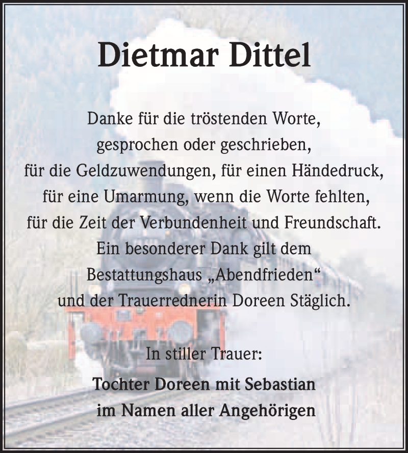  Traueranzeige für Dietmar Dittel vom 03.02.2018 aus WVG - Wochenspiegel Merseburg