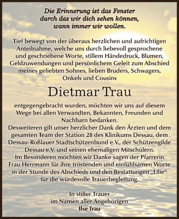 Traueranzeige von Dietmar Trau von WVG - Wochenspiegel Dessau / Köthen