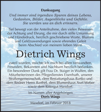 Traueranzeige von Dietrich Wings von Mitteldeutsche Zeitung Köthen