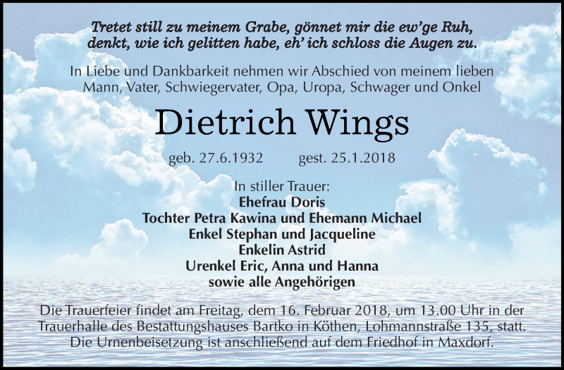  Traueranzeige für Dietrich Wings vom 03.02.2018 aus WVG - Wochenspiegel Dessau / Köthen