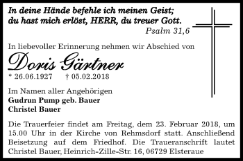 Traueranzeigen von Doris Gärtner www.abschiednehmen.de