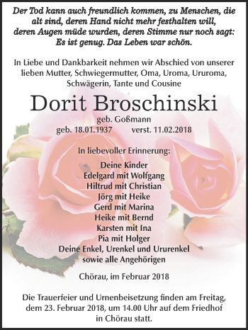 Traueranzeige von Dorit Broschinski von WVG - Wochenspiegel Dessau / Köthen