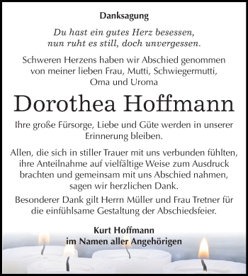 Traueranzeige von Dorothea Hoffmann von WVG - Wochenspiegel NMB / WSF / ZTZ