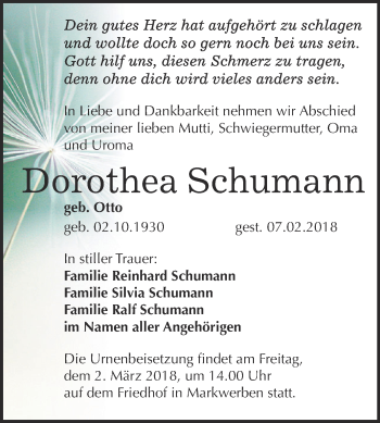 Traueranzeige von Dorothea Schumann von WVG - Wochenspiegel NMB / WSF / ZTZ