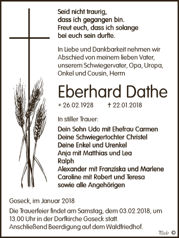 Traueranzeige von Eberhard Dathe von WVG - Wochenspiegel NMB / WSF / ZTZ