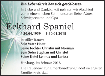 Traueranzeige von Eckhard Spaniel von WVG - Wochenspiegel NMB / WSF / ZTZ