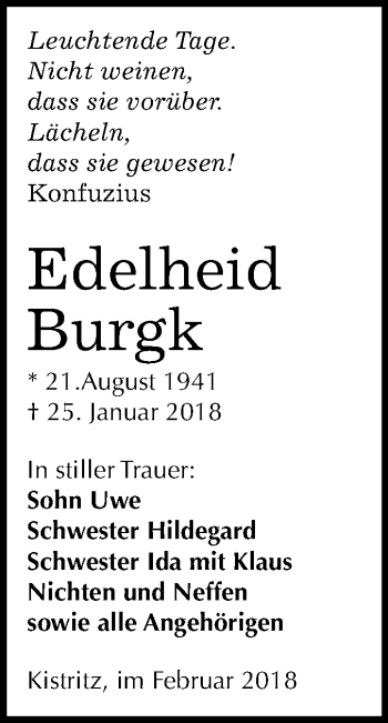 Traueranzeige von Edelheid Burgk von Mitteldeutsche Zeitung