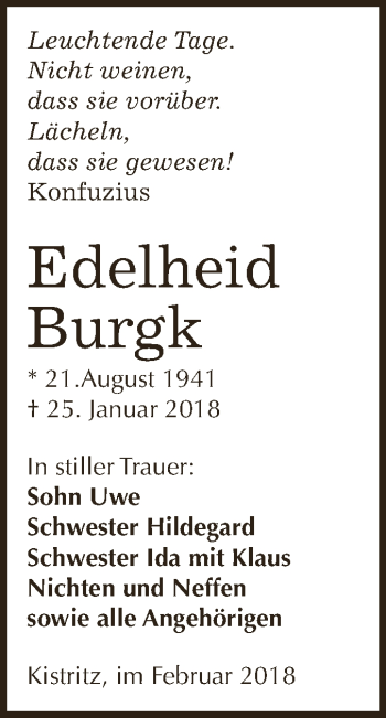 Traueranzeige von Edelheid Burgk von WVG - Wochenspiegel NMB / WSF / ZTZ