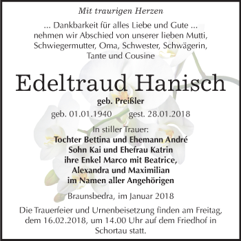 Traueranzeige von Edeltraud Hanisch von Mitteldeutsche Zeitung Merseburg/Querfurt