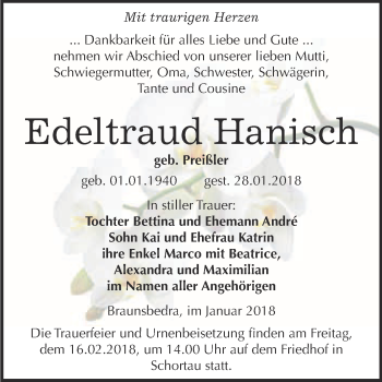 Traueranzeige von Edeltraud Hanisch von WVG - Wochenspiegel Merseburg