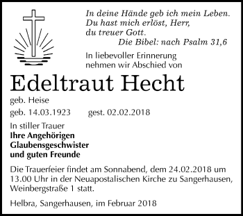 Traueranzeige von Edeltraut Hecht von Mitteldeutsche Zeitung