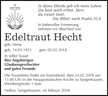 Traueranzeige von Edeltraut Hecht von Super Sonntag SGH Mansf. Land