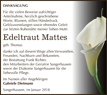 Traueranzeige von Edeltraut Mattes von Super Sonntag SGH Mansf. Land