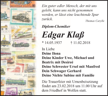 Traueranzeige von Edgar Klaß von WVG - Wochenspiegel Bitterfeld