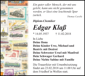 Traueranzeige von Edgar Klaß von Mitteldeutsche Zeitung Bitterfeld