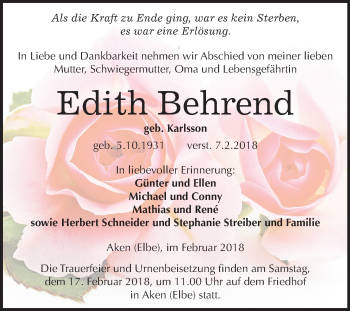Traueranzeige von Edith Behrend von Mitteldeutsche Zeitung Köthen