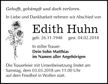 Traueranzeige von Edith Huhn von Mitteldeutsche Zeitung Bitterfeld